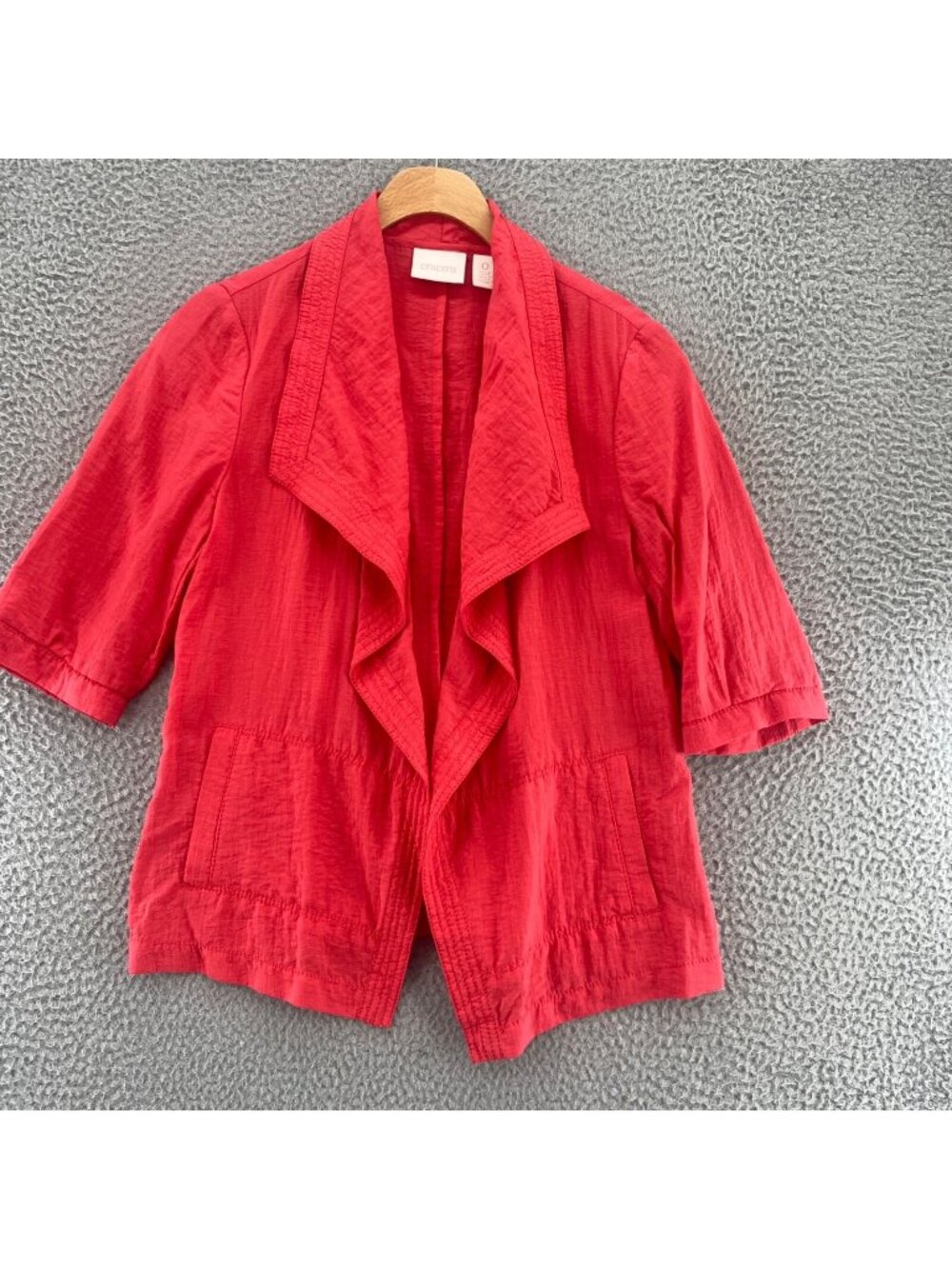 Chicos Jacket Womens 0 US Small Breezy Sheen Coral Drape Front Open Front Casual
